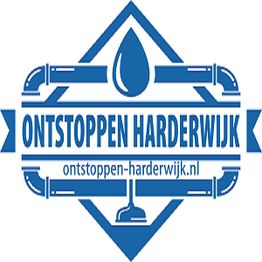 Logo met blauwe waterdruppel en tekst "Ontstoppen Harderwijk".