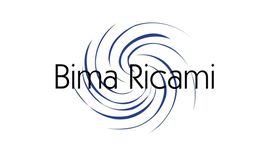 Logo di Bima Ricami con spirale blu e testo nero su sfondo bianco.