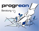 Hand zerbricht Glasfläche neben "progreon Beratung"-Schriftzug.