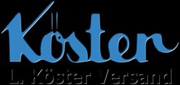 Blauer Schriftzug "Köster" mit schwarzem Text "L. Köster Versand" auf schwarzem Hintergrund.