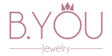 Logo de B.YOU Jewelry en texto rosa con una corona sobre la letra "O".