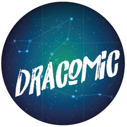 Círculo azul con texto "DRACOMIC" y constelación estelar de fondo.