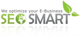 Logo mit Text: "We optimize your E-Business" und "SEO SMART" mit Blattsymbolik.