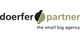 Logo mit Text: "doerfer/partner – the small big agency", simple Gestaltung auf weißem Hintergrund.