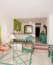 Sala con paredes verdes, sofá floral, mesa de vidrio, sillas verdes y cuadros en las paredes.