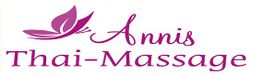 Logo mit Schriftzug "Annis Thai-Massage" und lila Blume.