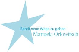 Blauer Stern mit Text: "Bereit neue Wege zu gehen Manuela Orlowitsch".