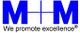 Logo mit blauem "M+M" und Slogan "We promote excellence" darunter.