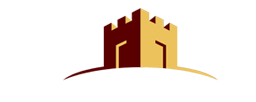 Logo con diseño de castillo en tonos marrón y dorado sobre fondo blanco.