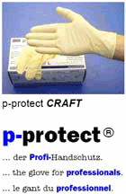Hand in gelbem Handschuh über einer Schachtel. Text: p-protect CRAFT, Profi-Handschutz.