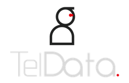 Logo van TelData met gestileerd persoon en rode stippen.