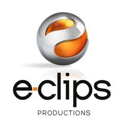 Logo von "e-clips productions" mit silber-orange Kugel.