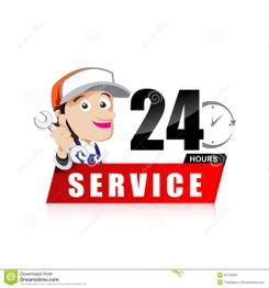 Desenho de mecânico sorridente com chave inglesa, texto "24 HOURS SERVICE" em fundo branco.