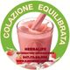 Frullato rosa in bicchiere. Scritta: "COLAZIONE EQUILIBRATA". Contatti e sito web in basso.