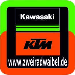 Kawasaki und KTM Logo mit Website www.zweiradwaibel.de auf grün-orange Hintergrund.