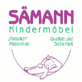 Logo von Sämann Kindermöbel mit schlafendem Kind, Schriftzug und Holzschaukelmotiv in Lila und Grün.