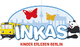 Gelbes Fahrzeug, Panda, zwei Schmetterlinge, Berliner Skyline und Text: "INKAS Kinder erleben Berlin".