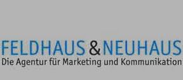 Logo von Feldhaus & Neuhaus, einer Agentur für Marketing und Kommunikation auf grauem Hintergrund.