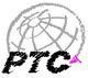 Logo mit grauem Globus und schwarzem Schriftzug "PTC" in handgeschriebenem Stil, rosa Detail.