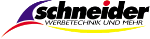 Logo von Schneider mit den Worten "Werbetechnik und mehr", bunte Linien oben und unten.