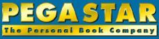 Schriftzug "PEGASTAR" in Gold und "The Personal Book Company" auf blauem Hintergrund.