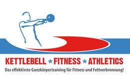 Silhouette mit Kettlebell, Text: "Kettlebell Fitness Athletics", Ganzkörpertraining.