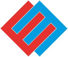 Geometrisches Logo: Rote und blaue ineinandergreifende Linien bilden ein Rautenmuster.