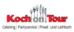 Logo "Koch on Tour" mit Besteck. Text: Catering, Partyservice, Privat- und Leihkoch.