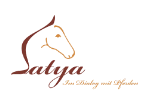 Logo mit stilisiertem Pferdekopf und Text: "Satya - Im Dialog mit Pferden".
