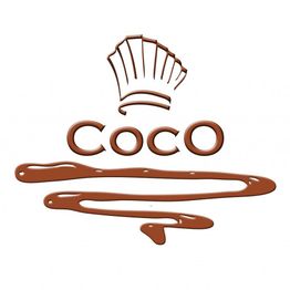 Logo con cappello da chef sopra la scritta "Coco" e decorazioni di cioccolato sotto.