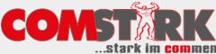 "Logo mit Text: COMSTARK, Silhouette eines starken Mannes und Slogan 'stark im kommen'."