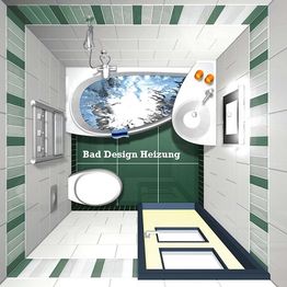Badezimmer mit Badewanne über Toilette angeordnet, grünen Kacheln und Heizung, Designproblem.