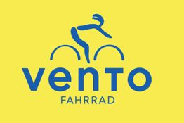 Blaues Fahrrad-Logo mit dem Wort "vento" auf gelbem Hintergrund.