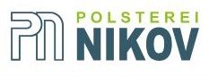 Logo mit Text "Polsterei Nikov" und stilisierten Buchstaben "PN" in Grün und Dunkelblau.
