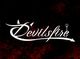 Text "Devilsfire" mit Hörnern und Schwanz auf rotem, feurigem Hintergrund.