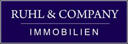 Blaues Logo mit weißem Text: "Ruhl & Company Immobilien".