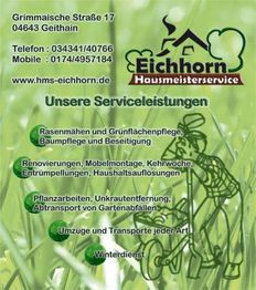Alt-Text: "Werbung für Eichhorn Hausmeisterservice mit Kontaktdaten und Serviceleistungen."