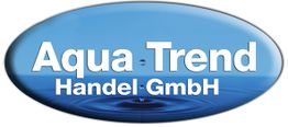 Blaues ovales Logo der Aqua Trend Handel GmbH mit Wasserhintergrund und Schriftzug.