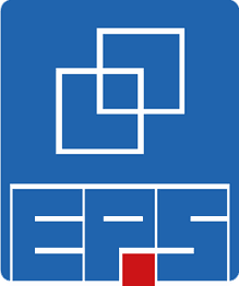 Weißes stilisiertes Haus, daneben weiße Fenster, auf blauem Hintergrund, unten rotes Quadrat.