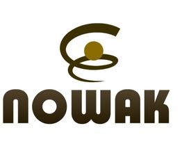 Schwarzes Logo mit der Aufschrift "Nowak" und abstraktem Symbol darüber.