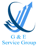 Logotipo azul de G & E Service Group con flechas ascendentes y texto en la parte inferior.