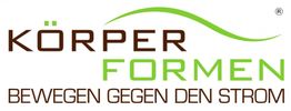 Körperformen Logo mit Slogan "Bewegen gegen den Strom" in Braun und Grün.