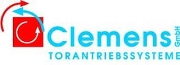 Logo von Clemens GmbH Torantriebssysteme mit roten Pfeilen und blauem Text.