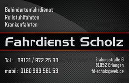 Visitenkarte von Fahrdienst Scholz mit Kontaktdaten und Dienstleistungen für spezielle Fahrten.