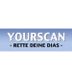 Yourscan-Logo mit Text: "Rette deine Dias", blauer Hintergrund.