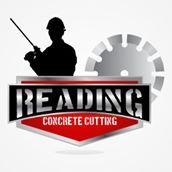 Logo of Reading Concrete Cutting with a worker and circular saw blade silhouette.