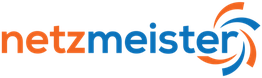 Logo mit dem Text "netzmeister" in Orange und Blau, daneben ein stilisiertes Wirbelmuster.