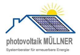 Logo: Hausdach mit Solarmodul und Sonne, Text: "photovoltaik MÜLLNER, Systemberater für erneuerbare Energie".