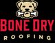 Dog logo above "Bone Dry Roofing" in bold red and beige text on a black background.
