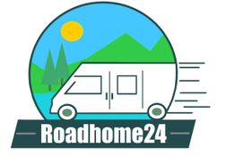 Wohnmobil-Logo mit grünen Bergen, Sonne und Tannen. Text: Roadhome24.